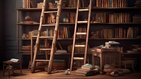 Front view of stacked books and ladders for education dayの素材