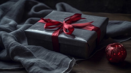 gift in a beautiful box with a red bow and grey blanketの素材