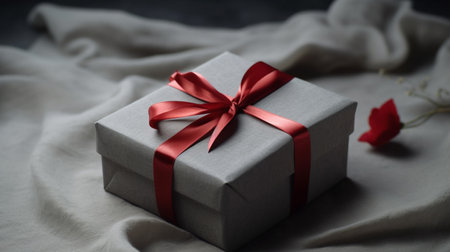 gift in a beautiful box with a red bow and grey blanketの素材