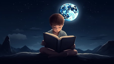 Little boy reading a book on a full moon background.の素材