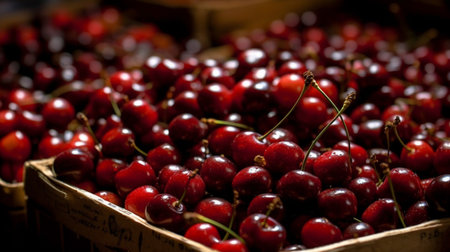 Harvest of red cherries on a market stallの素材