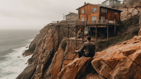 Houses on the cliff with a man sitting on the edgeの素材