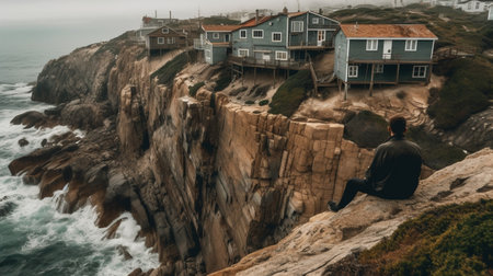 Houses on the cliff with a man sitting on the edgeの素材