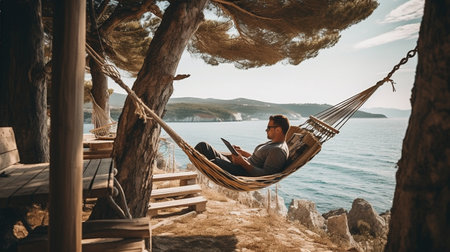 Man reading a book in a hammock by the sea sideの素材