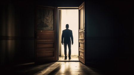 Man walking in the middle of an opened door.の素材