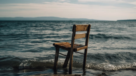 Old rustic empty chair at sea sideの素材