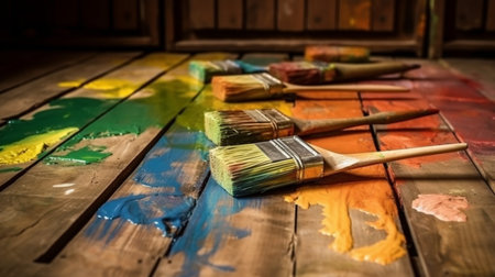 Painting paints on wooden floorの素材