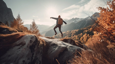 Jumping man in mountains vacations outdoor Travel Lifestyle adventure concept active success motivation and fun euphoria emotions. back view.の素材