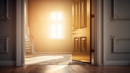 Opening door with golden house on fuzzy interior backgroundの素材