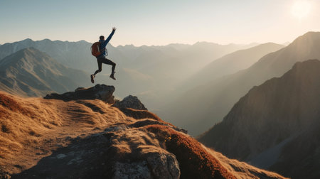 Jumping man in mountains vacations outdoor Travel Lifestyle adventure concept active success motivation and fun euphoria emotions. back view.の素材