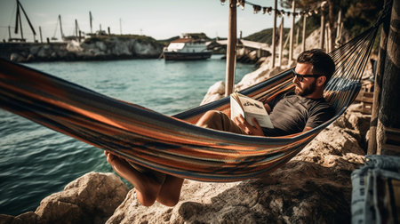Man reading a book in a hammock by the sea sideの素材