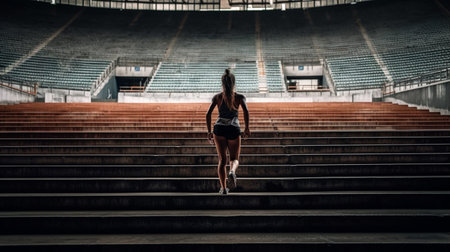 Rear view of young woman training, running up stadium stairwayの素材