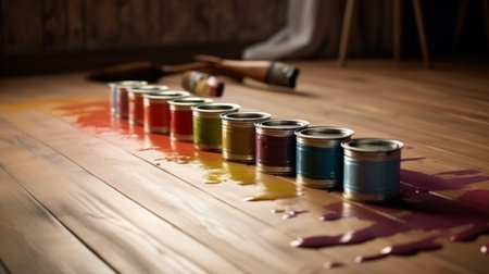 Painting paints on wooden floorの素材