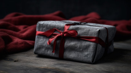 gift in a beautiful box with a red bow and grey blanketの素材