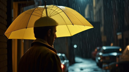 Man with yellow umbrella under street lamp light. a rainy dayの素材