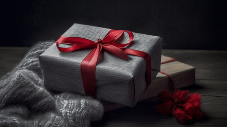 gift in a beautiful box with a red bow and grey blanketの素材