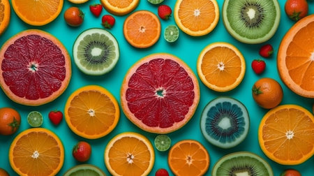 Top view fruits lined symmetrically backgroundの素材