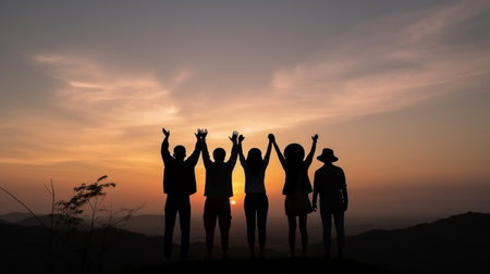 Silhouette of group happy business team making high hands over head in beautiful sunset sky evening time for business success and teamwork concept in companyの素材