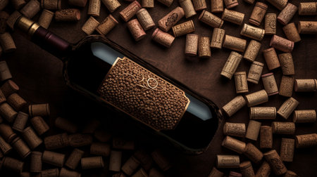 Wine bottle and cork on wooden background. Top view.の素材