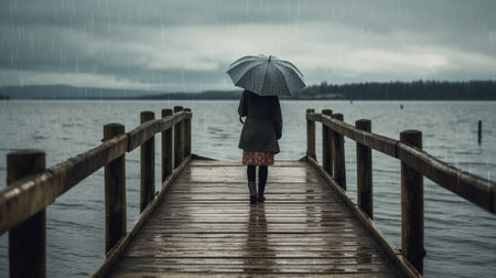 Wooden pier on the lake with woman on the pier. rainy dayの素材