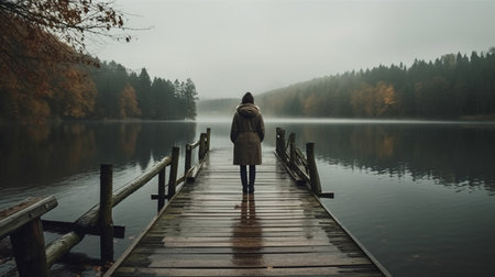 Wooden pier on the lake with woman on the pier. rainy dayの素材