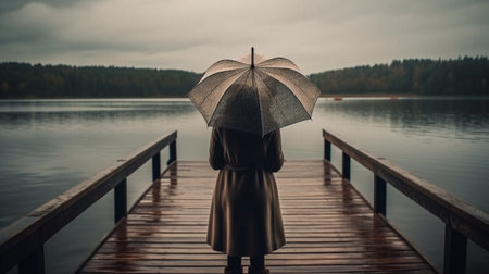 Wooden pier on the lake with woman on the pier. rainy dayの素材