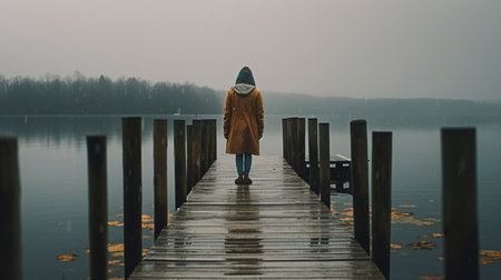 Wooden pier on the lake with woman on the pier. rainy dayの素材