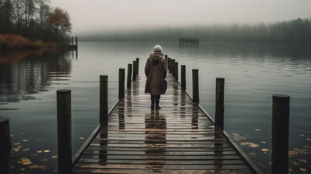 Wooden pier on the lake with woman on the pier. rainy dayの素材