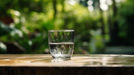 a glass of water on A wooden board product display with lush green garden background of grass and blurred foliageの素材