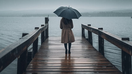 Wooden pier on the lake with woman on the pier. rainy dayの素材