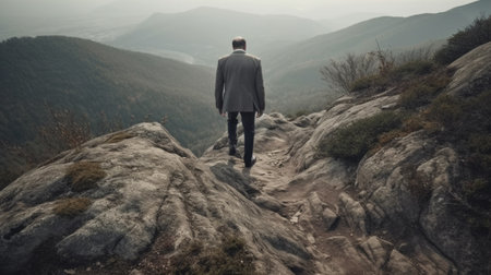 businessman Never giving up, strength and power. Man feeling determined climbing up a steep mountainside. back viewの素材