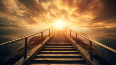 ascending stairs to the sun. God is great. bright heavenly light background religion wonderful sky the dawn sky born light solar flare upの素材