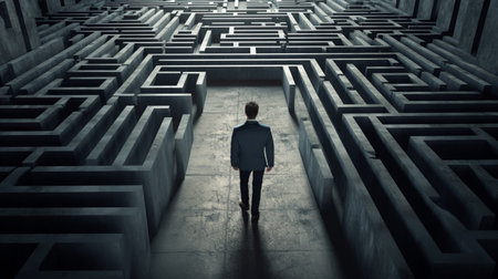 businessman walking in a maze or labyrinthの素材