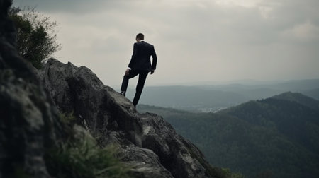 businessman Never giving up, strength and power. Man feeling determined climbing up a steep mountainside. back viewの素材