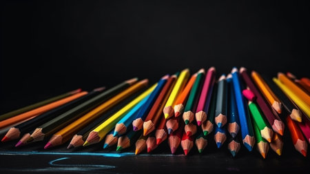 colored pencils  on Dark chalk board with copy spaceの素材