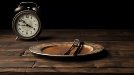 empty plate and clock on wooden table. diet concept.の素材