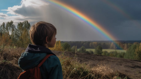 boy watching rainbow landscapeの素材