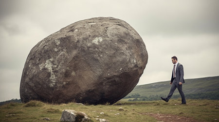 Young businessman pushing large stone uphillの素材