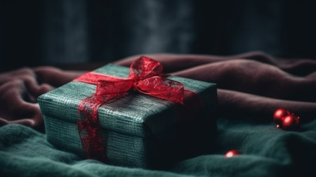gift in a beautiful box with a red bow and green blanketの素材