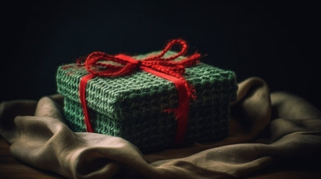gift in a beautiful box with a red bow and green blanketの素材