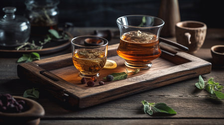 herbal tea on wooden serving platterの素材