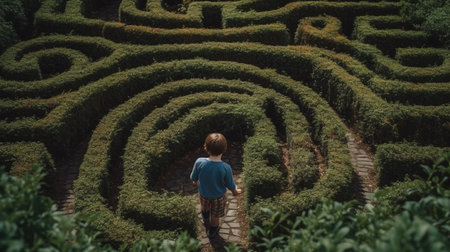 little child walking in a maze or labyrinthの素材