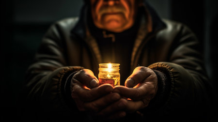 man hand holding candleの素材