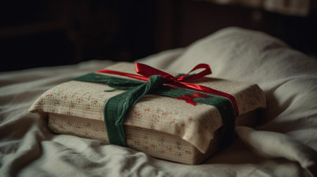 gift in a beautiful box with a red bow and green blanketの素材