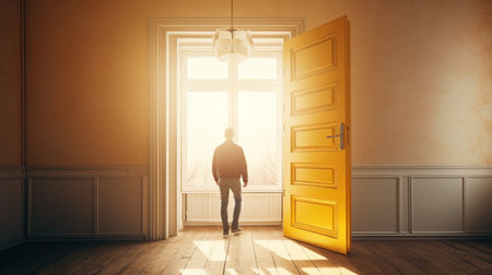 man entering Opening door with golden house on fuzzy interior backgroundの素材