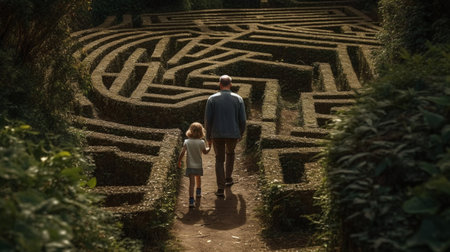man and a child walking in a maze or labyrinthの素材