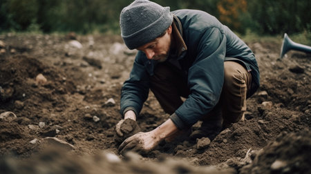 man digging a hole in the ground with a stone.の素材
