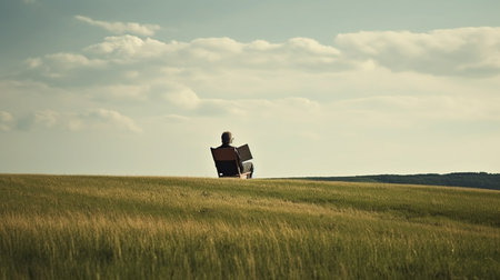man reading Book in landscape.の素材