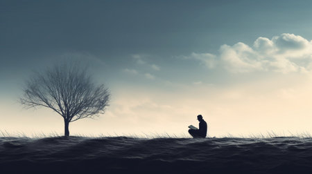 man reading Book in landscape.の素材