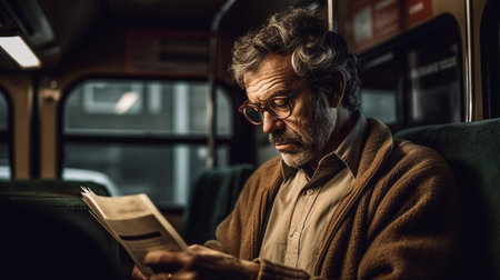 man reading Book in busの素材